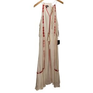 Lulus‎ White Red Embroidered White Midi Dress NWT Boho Tassel Tie Size L